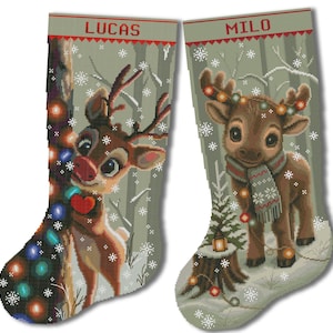 May include: Two Christmas stockings featuring reindeer illustrations. The left stocking displays the name LUCAS and a reindeer with a red nose. The right stocking displays the name MILO and a reindeer wearing a scarf, both set against a snowy forest.