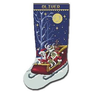 May include: A blue Christmas stocking with the name "OLIVER" embroidered on the top. The stocking features a scene of Santa Claus, Jack Skellington, and a reindeer riding in a sleigh against a starry night sky.