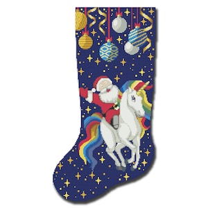 May include: A blue Christmas stocking with a white unicorn and Santa Claus riding on it. The stocking is decorated with gold stars and ornaments.