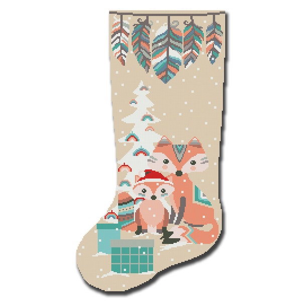 Cross Stitch Pattern Christmas Stocking PDF, Boho Animals Fox Modern Counted Easy Cute Winter DMC Design for Beginners, Instant Download