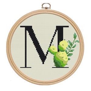 Patrón punto de cruz letra M pdf, diseño moderno de muestrario de punto de cruz fácil contado, punto de cruz de cactus, revista etsy Descarga instantánea