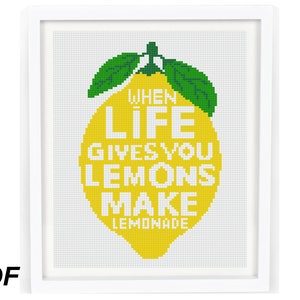 May include: A yellow lemon with a green stem and leaves. The lemon has the text "When life gives you lemons make lemonade" written on it.
