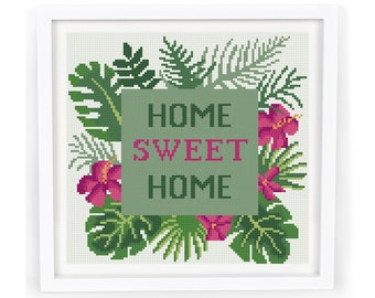 Cross stitch pattern flower PDF, modern easy counted floral tropical cross stitch design for beginners, home sweet home, Instant Download