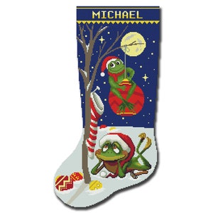 Cross Stitch Pattern PDF, Personalized Christmas Stockings Modern Counted Easy Funny Cute Frogs, Cross Stitch Beginner DIY, Digital Download