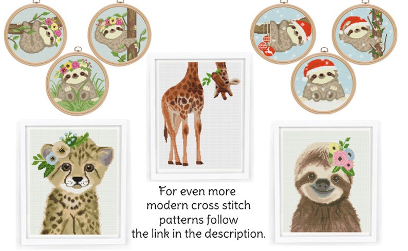 May include: A set of cross stitch patterns featuring cute animals wearing flower crowns. The animals include a sloth, a cheetah, and a giraffe. The patterns are perfect for beginners and experienced cross stitchers alike.