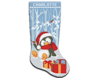Cross Stitch Stocking Pattern PDF, Modern Counted Cute Penguin, Birds Easy Design for Beginner, Needlepoint Christmas Stockings for Download
