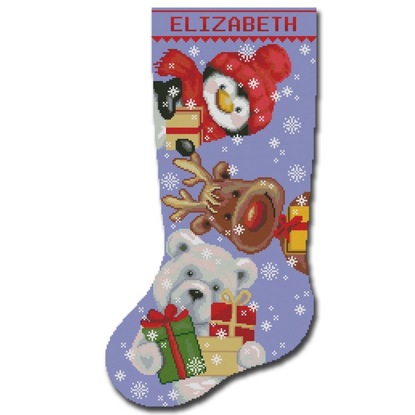 Cross Stitch Christmas Stocking Patterns PDF Personalized Modern Counted DMC Easy Cute Bear Penguin Deer For Beginner DIY Digital Download