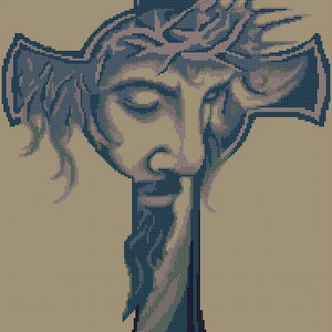 Puede incluir: Una cruz azul y gris con una imagen detallada de la cara de Jesucristo y una corona de espinas.
