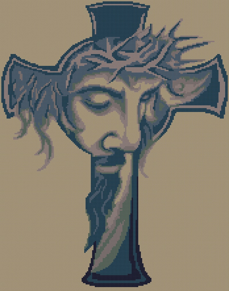 Puede incluir: Una cruz azul y gris con una imagen detallada de la cara de Jesucristo y una corona de espinas.