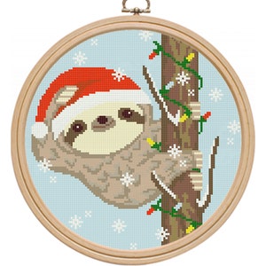 Christmas cross stitch pattern pdf, cute sloth modern counted easy simple animal cross stitch patterns for beginner DIY,  Instant Download.