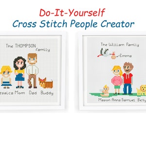 Family Portrait Cross Stitch Pattern PDF /  Personalized  Small Cute Counted Modern Easy Cross Stitch For Beginners DIY /  Instant Download