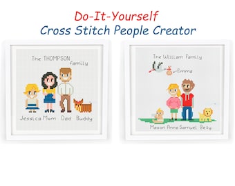 Family Portrait Cross Stitch Pattern PDF /  Personalized  Small Cute Counted Modern Easy Cross Stitch For Beginners DIY /  Instant Download