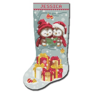 Cross Stitch Christmas Stocking Pattern PDF, Personalized Modern Counted DMC Easy Cute Xmas Owls, Simple For Beginners DIY, Digital Download