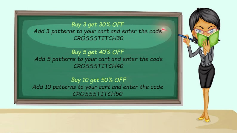 Puede incluir: Una pizarra verde con texto blanco que enumera descuentos por la compra de varios patrones. El texto dice "Compra 3, obt&eacute;n 30% de DESCUENTO Agrega 3 patrones a tu carrito y escribe el c&oacute;digo CROSSSTITCH30 Compra 5, obt&eacute;n 40% de DESCUENTO Agrega 5 patrones a tu carrito y escribe el c&oacute;digo CROSSSTITCH40 Compra 10, obt&eacute;n 50% de DESCUENTO Agrega 10 patrones a tu carrito y escribe el c&oacute;digo CROSSSTITCH50". Un maestro de dibujos animados est&aacute; se&ntilde;alando la pizarra con un marcador rojo.