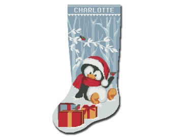 May include: A blue Christmas stocking with the name "CHARLOTTE" embroidered on the top. A penguin wearing a red scarf and Santa hat is holding a gift box. Two wrapped gifts are at the bottom of the stocking.