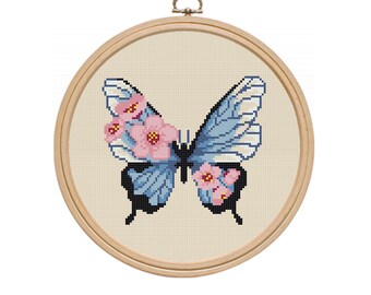 Cross stitch pattern pdf, butterfly cross stitch, insect cross stitch, floral cross stitch, modern cross stitch, Instant Download.