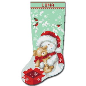 Cross Stitch Pattern Christmas Stocking PDF / Personalized Modern Easy Cute Snowman Bear, Simple Design for Beginners DIY / Digital Download