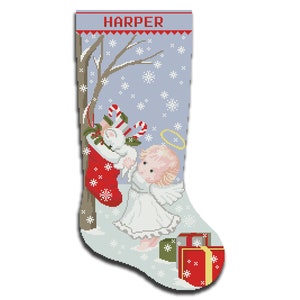 Cross Stitch Pattern PDF, Personalized Christmas Stockings, Modern Counted Easy Cute Angel, Cross Stitch For Beginner DIY, Digital Download