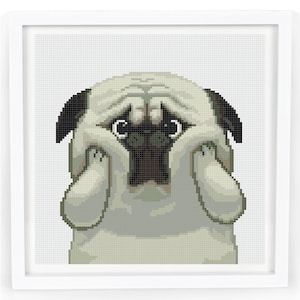 May include: A cartoon pug with a worried expression, its paws covering its face. The pug is white with black ears and a black nose.