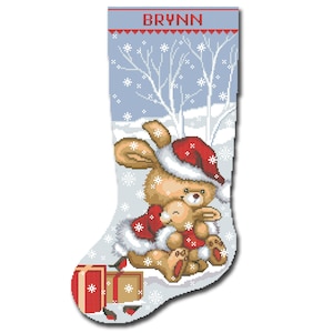 Cross Stitch Christmas Stocking Patterns PDF Personalized Modern Counted DMC Easy Cute Bunny Rabbit Simple For Beginner DIY Digital Download