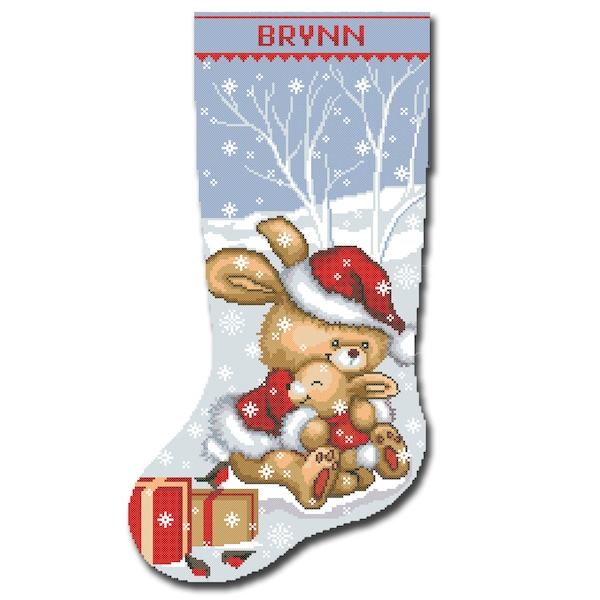 Cross Stitch Christmas Stocking Patterns PDF Personalized Modern Counted DMC Easy Cute Bunny Rabbit Simple For Beginner DIY Digital Download