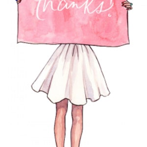 Puede incluir: Una ilustraci&oacute;n de acuarela de una persona sosteniendo un cartel rosa que dice "&iexcl;gracias!" La persona lleva un vestido blanco y zapatos rojos.