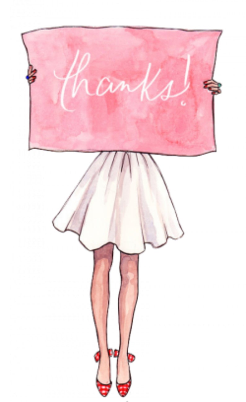 Puede incluir: Una ilustraci&oacute;n de acuarela de una persona sosteniendo un cartel rosa que dice "&iexcl;gracias!" La persona lleva un vestido blanco y zapatos rojos.