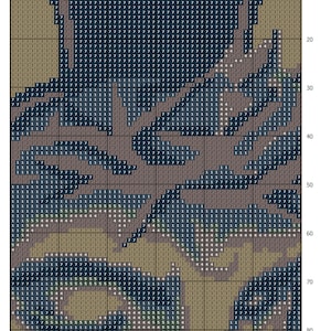 Puede incluir: Un dise&ntilde;o de arte pixelado que presenta una imagen azul y marr&oacute;n de una persona con un sombrero. La imagen est&aacute; compuesta por peque&ntilde;os cuadrados de diferentes colores.