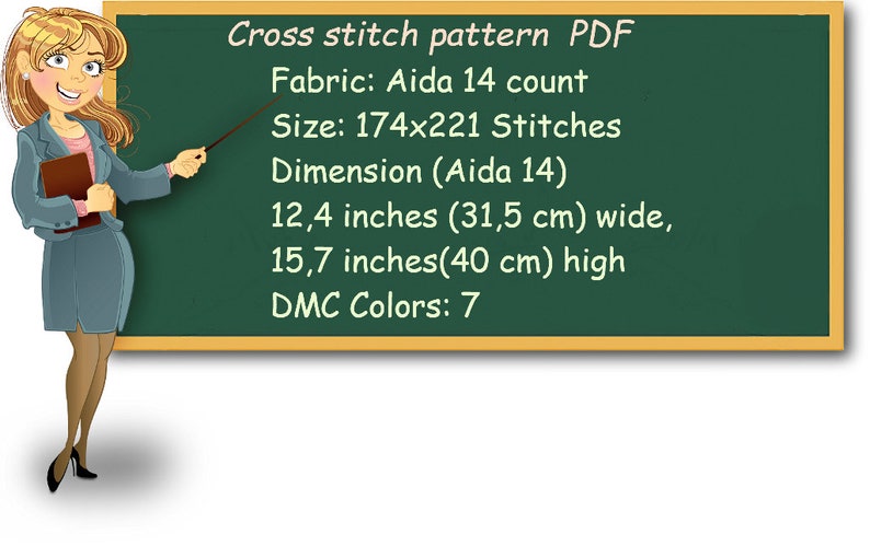 Puede incluir: Una pizarra verde con texto blanco que describe los detalles de un patr&oacute;n de punto de cruz. El texto dice: "Cross stitch pattern PDF, Fabric: Aida 14 count, Size: 174x221 Stitches, Dimension (Aida 14) 12,4 pulgadas (31,5 cm) de ancho, 15,7 pulgadas (40 cm) de alto, DMC Colors: 7".