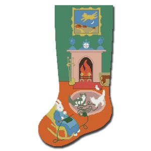 Christmas Stocking Cross Stitch Pattern, Cozy Fireplace Scene with Bunny,  Vintage Style, Digital PDF Download, Holiday Home Decor