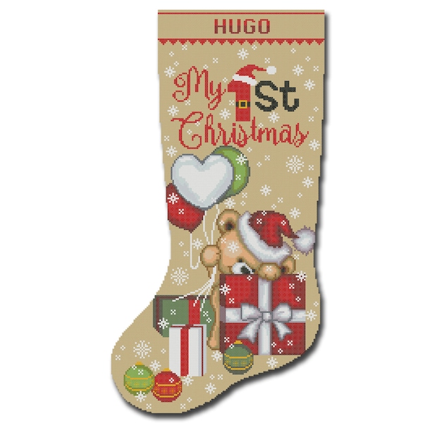 Cross Stitch Christmas Stocking Patterns PDF, My 1st Xmas, Personalized Modern Counted DMC Easy Cute Bear For Beginner DIY, Digital Download