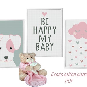 Cross stitch pattern baby pdf, modern easy girl cross stitch sampler design, be happy my baby counted pink dog cross stitch Instant Download
