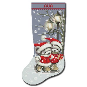 Cross Stitch Pattern Christmas Stocking PDF, Personalized Modern Counted Easy Cute Xmas Bears Simple For Beginners DIY, Digital Download