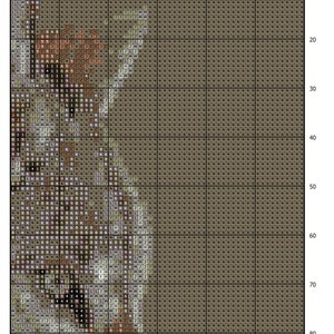 May include: A pixel art image of a brown and white dog with a black nose. The dog is looking to the left. The image is made up of small squares of different colors.