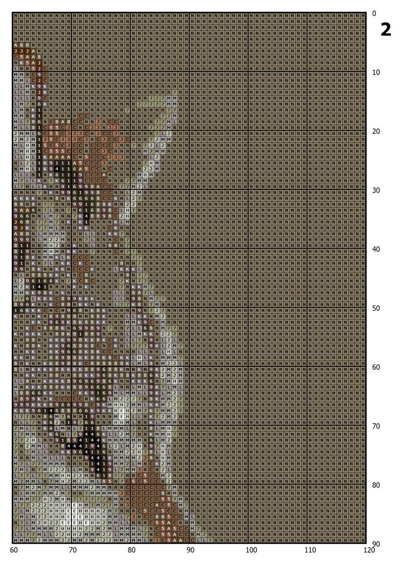 May include: A pixel art image of a brown and white dog with a black nose. The dog is looking to the left. The image is made up of small squares of different colors.