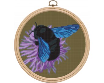 Cross Stitch Pattern Bumble Bee Black PDF, Modern Counted Easy Cute Bee And Flower Insect DMC Simple Design for Beginner, Instant Download