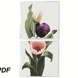 Cross stitch pattern flowers PDF, tulips modern floral counted cross stitch sampler design, cross stitcher magazine etsy Instant Download