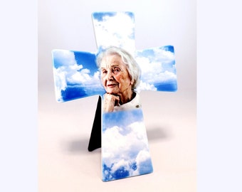 Heavenly Clouds Ceramic Personalised Photo Memorial Cross