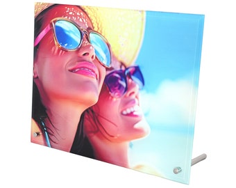 Grand présentoir photo personnalisé en verre sans cadre avec supports en métal 25 x 20 cm