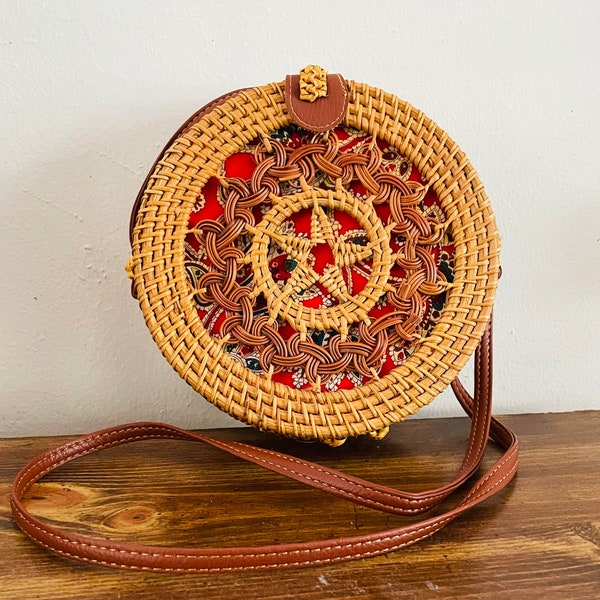 beautiful Rattan round bag shoulder bag with fake leather handmade plants based bags size 7"