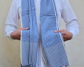 Blue and white  handmade scarf Cambodian handmade scarf khmer Kroma cotton scarf scarf for men scarf for women  L size  65'by 25"scarves