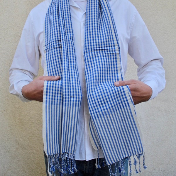 Blue and white  handmade scarf Cambodian handmade scarf khmer Kroma cotton scarf scarf for men scarf for women  L size  65'by 25"scarves