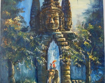 peinture huile sur toile Asie Cambodge Angkor Prey Prom Peinture à l'huile Angkor Thom gate Peinture Art cambodgien. 60cm x 80cm( 23''x31")
