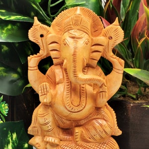 Ganesh Handmade Carving in wood - Lord Ganesha Idol | Sculpture | Murti in high quality kadam wood - 6 inches