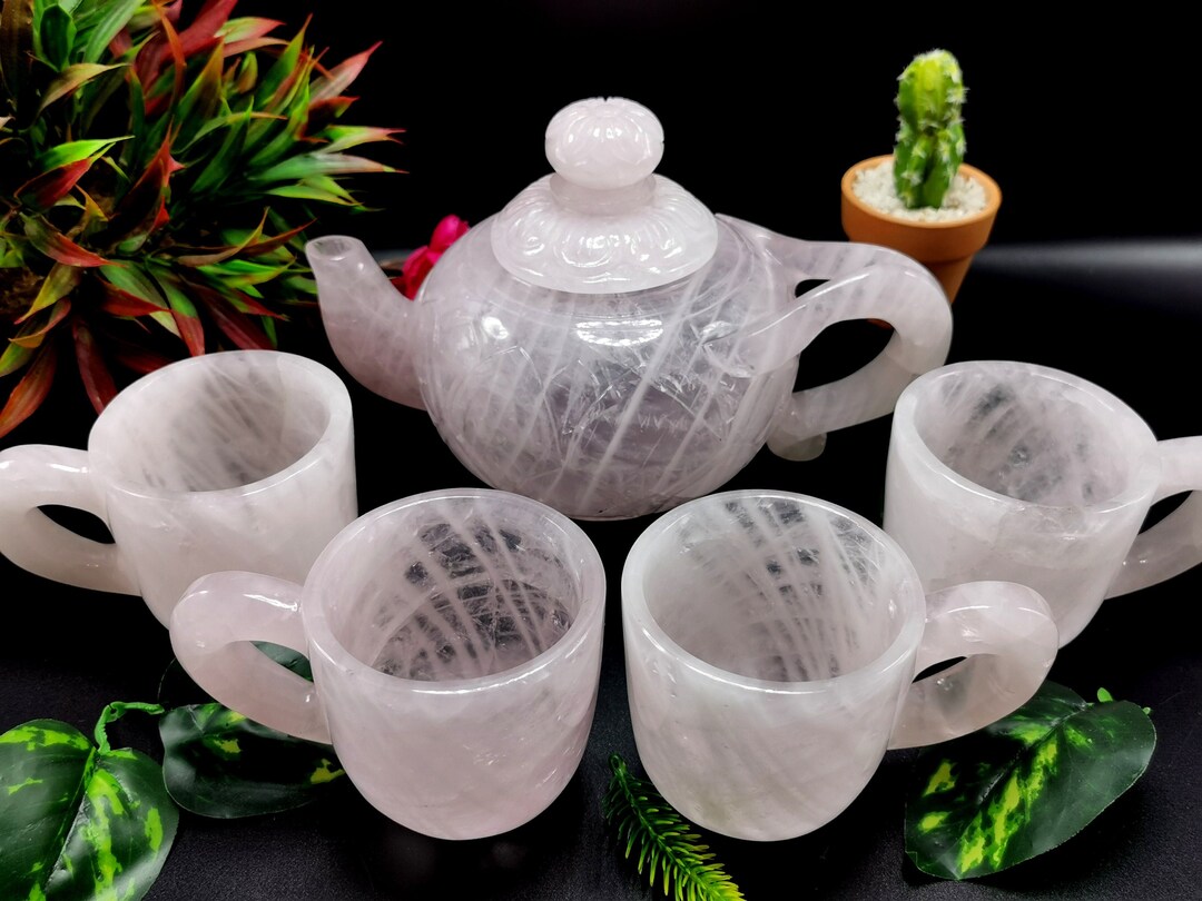 Rose Quartz Tea Set Exquisite Carving of a Tea Kettle and 4 Tea Cups in