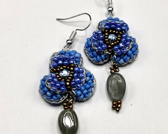 Crochet Flower Earrings with natural agate stone - handmade dangle earrings - ideal Birthday/Anniversary/Engagement/Mother's Day gift