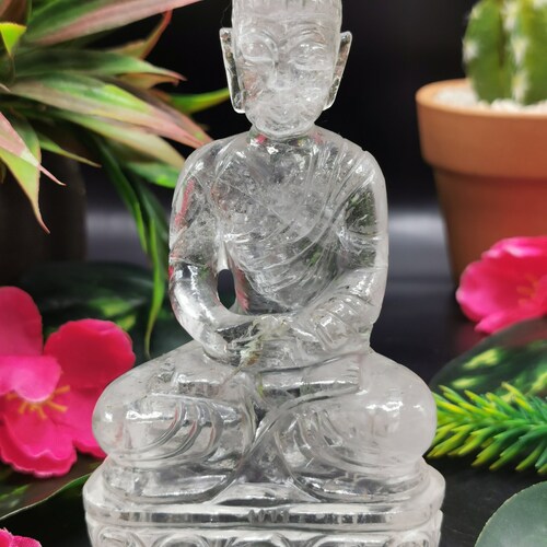 Clear Quartz/Clear Crystal Buddha sales - handmade carving of serene and meditating Lord Buddha - crystal/reiki/healing - 4.5 inches and 245 gms