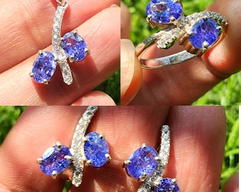 Élégance éthérée : parure de bijoux tanzanite faits main en argent 925 - boucles d'oreilles, pendentifs et bagues | Cadeau d'anniversaire pour femme
