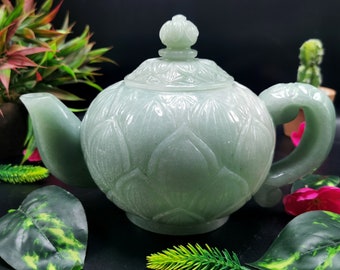 Natural Green Aventurine tea set - exquisite carving of a tea kettle and 4 tea cups in amethyst stone - crystal and gemstone carvings