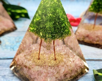 Orgonite Pyramid with natural rose quartz, peridot & zinc crystals - Harnessing the Power of Nature's Gems  | 1 PIECE ONLY | Home Decor Gift